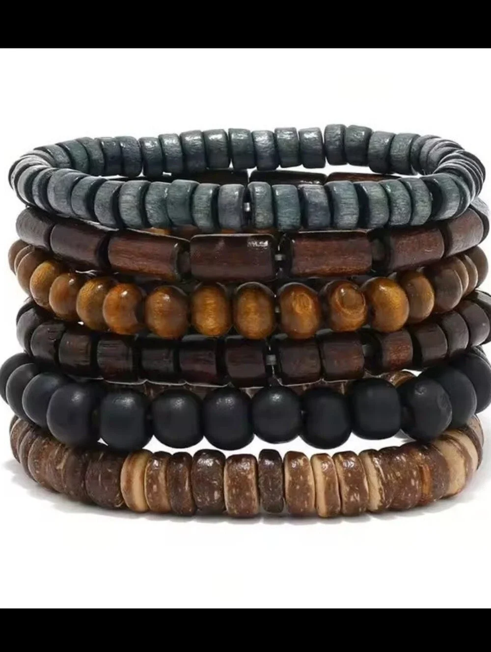 Men's Bracelets Beaded‎ 6pc Layered Black Brown Jewelry New G12